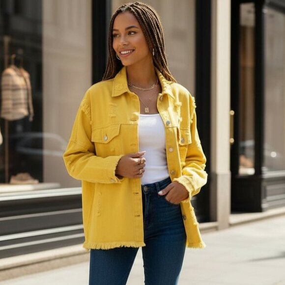 Urban Chic‎ Yellow Distressed Oversized Cotton Blend Denim Jacket Streetwear Lg - Picture 6 of 10